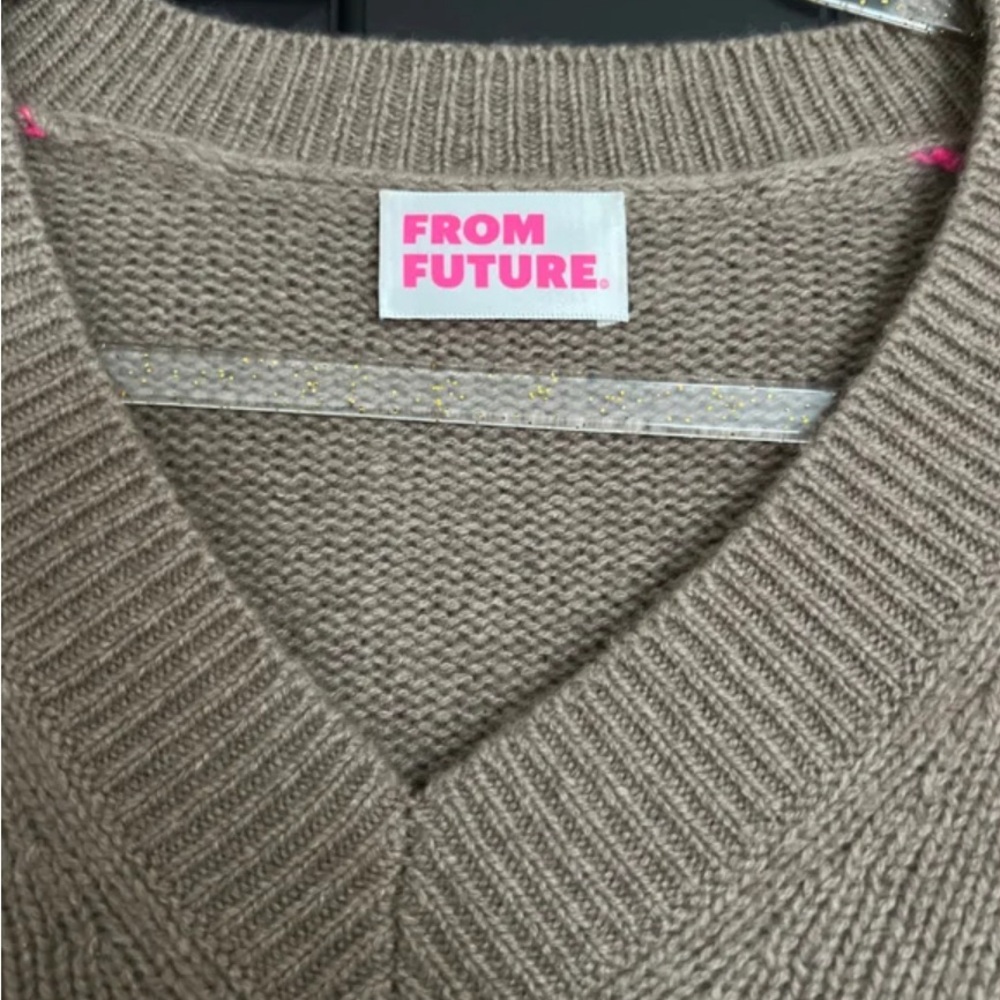 From Future Women's V-Neck Sweater - Tan with Pink Accents - Picture 2 of 5